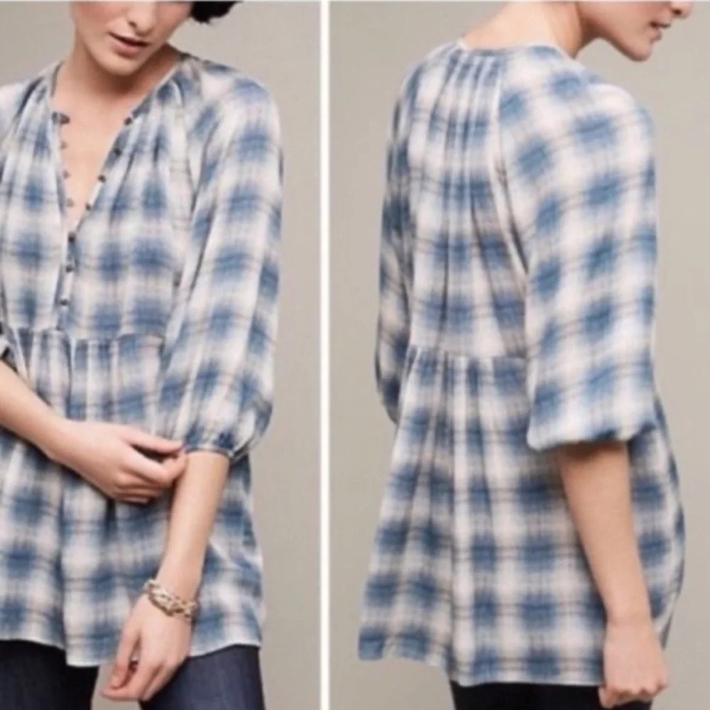 Maeve Cavalon Plaid‎ Peplum Tunic Blouse Small Blue